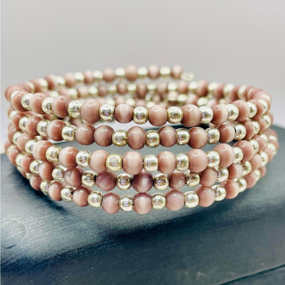 Elegant Pink and Silver Beaded Memory Wire Bracelet